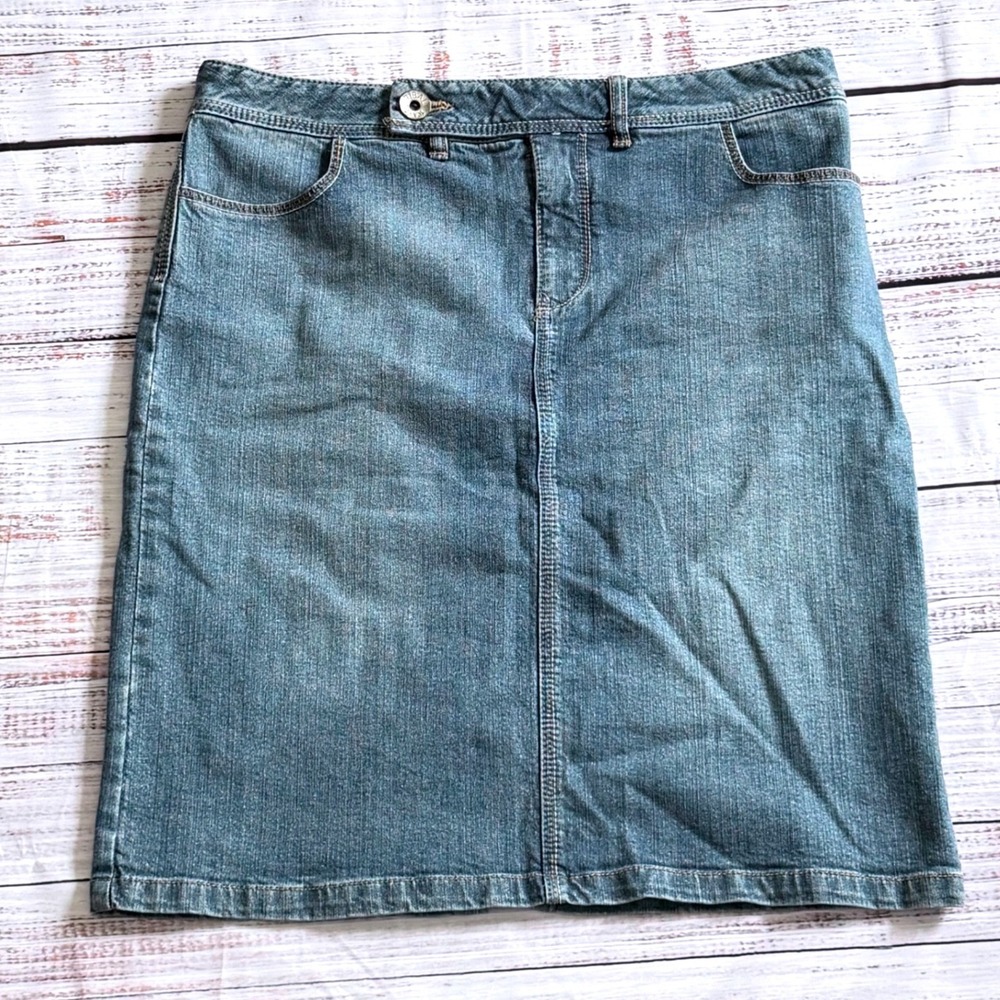 VTG Tribal Jeans Blue Denim Stretch Knee Length Pencil‎ Skirt Womens 12